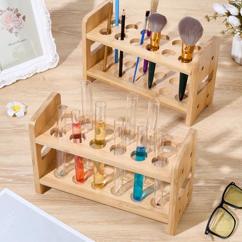 UNICRAFTALE 2Pcs Wooden Test Tube Rack 12-Holes Bamboo Multi-Use Cylinder Tube Display Racks Rectangle Razors Pencils Art Brushes Holder Hole 27mm for Laboratory Home Crafting Potted Plant - size: 26x10x17cm