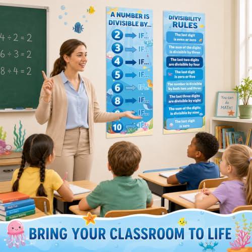 Educational Math Posters for Middle School Large Divisibility Mathematics Banner Ocean Theme Classroom Decor Blue Sea Math Posters Bulletin Board for Teachers Elementary High School Classroom Wall - style: Ocean
