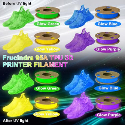 Glow in the Dark TPU 95A 3D Printer Filament Bundle - 1.75mm Soft Flexible TPU 3D Filament, Accuracy +/- 0.03mm, Luminous Filament for Halloween, Fit Most 3D Printers - 4 Spools 250g Each - color: Green/Blue/Yellow/Purple