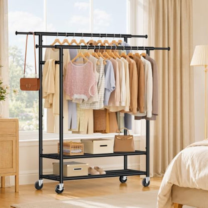 Heavy Duty Clothes Rack, Double Rod Garment Storage Organizer, Black - color: Black