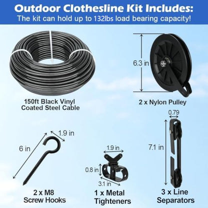 Outdoor Clothesline Kit, Black Clothes Line Pulley Kit Heavy Duty - size: 150FT Black