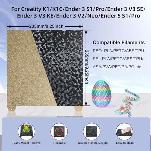 IdeaFormer-3D Ender 3 PEO PEI Build Plate for Creality K1C/K1/K1 SE/Ender 3 V3 SE/Ender 3 V3 KE/Ender 3 S1/Pro/Ender 5 S1, Flexible PEO PEI Spring Steel Sheet 235x235mm No Magnetic Surface Plate - color: Dimond PEO+Textured Gold PEI