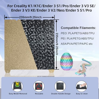 IdeaFormer-3D Ender 3 PEO PEI Build Plate for Creality K1C/K1/K1 SE/Ender 3 V3 SE/Ender 3 V3 KE/Ender 3 S1/Pro/Ender 5 S1, Flexible PEO PEI Spring Steel Sheet 235x235mm No Magnetic Surface Plate - color: Dimond PEO+Textured Gold PEI