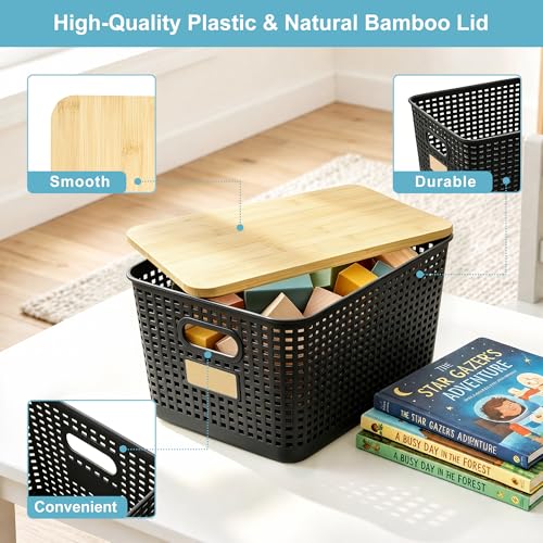 Bagnizer 2 Pack Tall Plastic Storage Bins with Bamboo Lids, 10.8qt Stackable Storages Baskets for Organizing Desktop Closet Playroom Classroom Office, 12"L x 8.3"W x 6.1"H, Black - color: Black, size: Tall- 2 Pack