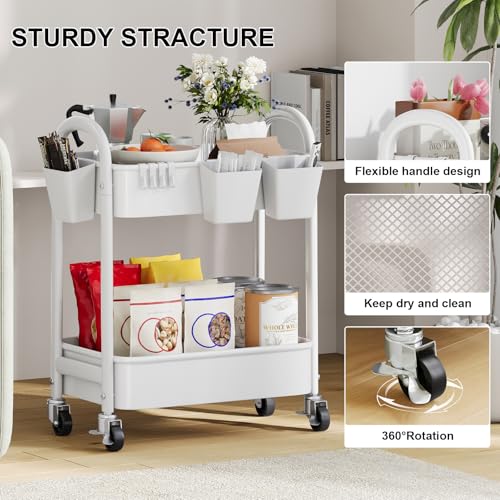 2 Tier Rolling Cart Metal with Wheels,White Under Desk Storage Roller Carts - color: Simple White, size: 2 tier
