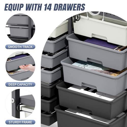 14 Drawer Rolling Storage Cart with Tabletop and Pegboard for Crafts Grey - color: Grey