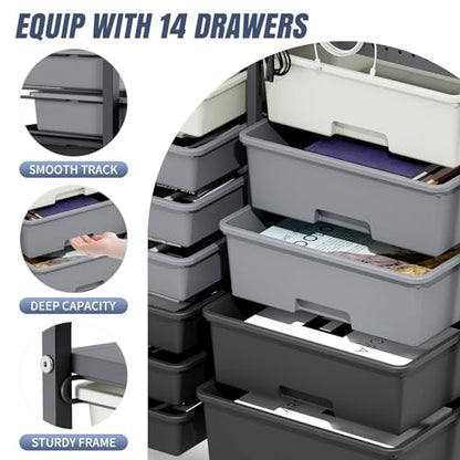 14 Drawer Rolling Storage Cart with Tabletop and Pegboard for Crafts Grey - color: Grey