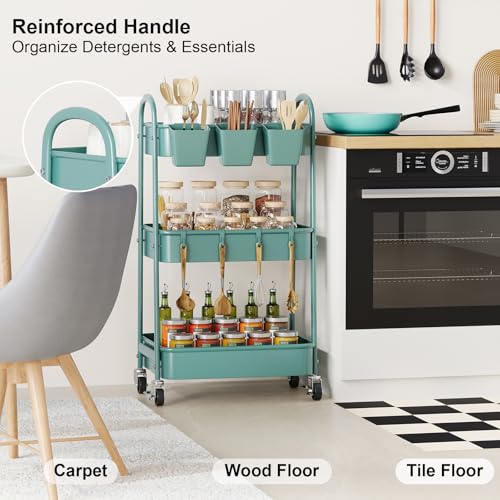 3 Tier Green Metal Rolling Cart with Lockable Wheels, 3 Tiered Roller Shelf - color: Elegant Green, size: 3 tier