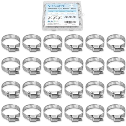 TICONN 24PCS Hose Clamps Set 304 Stainless Steel, 5/8"-1" Worm Gear - size: SAE #8 24PCS 5/8''~1"