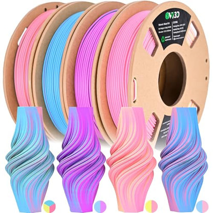 OVV3D PLA 3D Printer Filament Bundle, Matte Tri & Dual Color Filament - color: Blue Pink Purple Yellow
