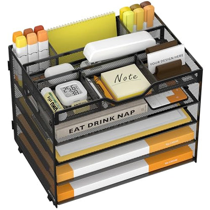 5 Tier Paper Letter Tray Desk Organizer with Pen Holders - Black - color: 5 Tier-Black, size: 12.5" x 9.1" x 10.3"