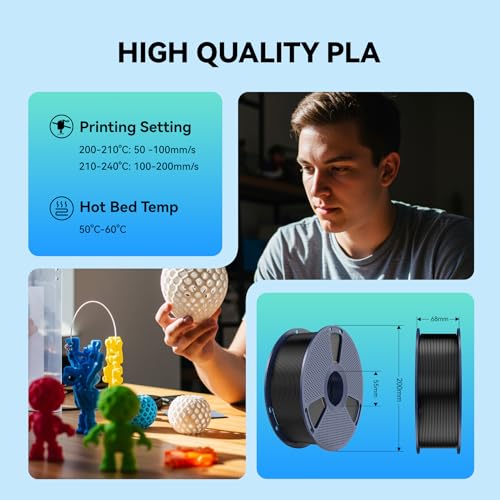 SUNLU PLA 3D Printer Filament, Large Spool, Black, 3KG - color: Large Spool 3kg Pla Black, size: 3 kg