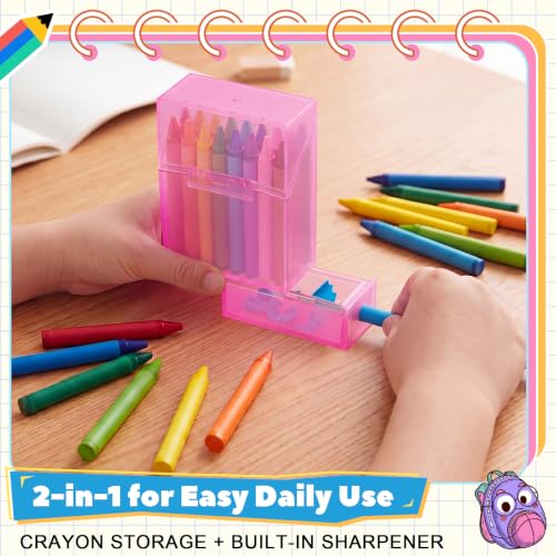 Clabby 2 Pcs 2 in 1 Plastic Crayon Box with Sharpener Holds 24, Pink - color: Pink