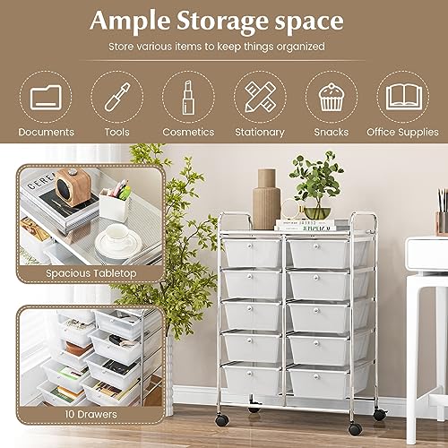 COSTWAY 10 Drawer Rolling Storage Cart, Utility Cart with Lockable Wheels - color: Transparent, size: 10 Drawer