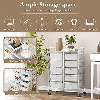 COSTWAY 10 Drawer Rolling Storage Cart, Utility Cart with Lockable Wheels - color: Transparent, size: 10 Drawer