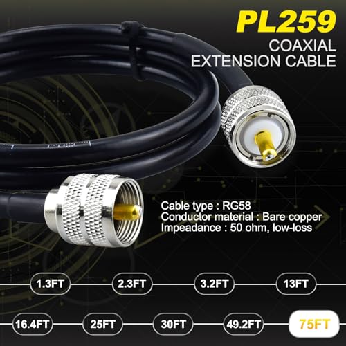 CB Coax Cable, 75FT RG58 Coaxial Cable, UHF PL259 Male Coax 50 Ohm - color: 1-Pack PL259 Cable, size: 75ft