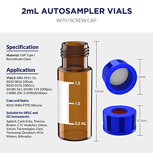 2mL Autosampler Vials, 9-425 HPLC/GC Amber Vials with Screw Cap, 100 Pcs - color: Amber Vial & White PTFE Septa