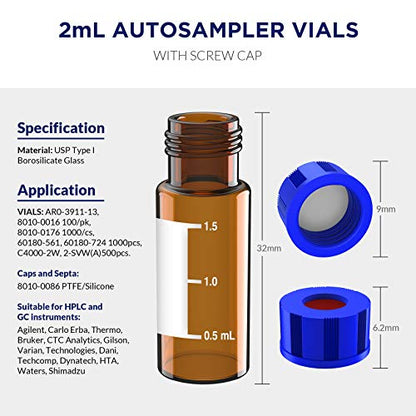 2mL Autosampler Vials, 9-425 HPLC/GC Amber Vials with Screw Cap, 100 Pcs - color: Amber Vial & White PTFE Septa