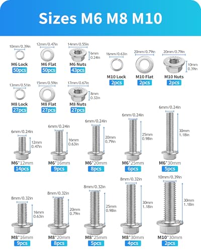 300Pcs Metric Flange Bolts Assortment, M6 M8 M10 Flange Hex Bolts and Nuts Washers Kit, 304 Stainless Steel Serrated Flange Nuts and Bolts, M6x1.0, M8x1.25, M10x1.5 (12mm to 30mm)(Silver) - color: Silver
