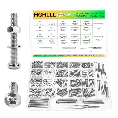 425 Pcs 304 Stainless Steel Metric Machine Screws Assortment Kit - M3 M4 M5 M6 Assorted Nuts and Bolts, Washers for Machinery, Furniture, Automotive, Motorcycle Repairs, DIY Projects - size: M3M4M5M6 425pcs