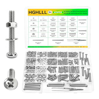 425 Pcs 304 Stainless Steel Metric Machine Screws Assortment Kit - M3 M4 M5 M6 Assorted Nuts and Bolts, Washers for Machinery, Furniture, Automotive, Motorcycle Repairs, DIY Projects - size: M3M4M5M6 425pcs