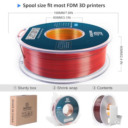 Geeetech Silk PLA Tri Color Filament 1.75mm 3D Printer Filament, Coextrusion Red Gold Black Tri-Colors Metal-Like Shiny Silk PLA Filament, 1kg (2.2lbs) 1 Spool, Dimensional Accuracy +/- 0.02 mm - color: 1kg Triple Color Red-gold-black