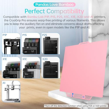 BIQU CryoGrip Pro Glacier Pink Compatible with Bambu-Lab P1S/P1P/P2S/X2D/X1C/X1E/A1 3D Printers 257x257MM Panda Build Plate Double Sided Upgrade Removable Surface Platform - color: Glacier-Pink, size: P1/P2/X1/A1/X2D
