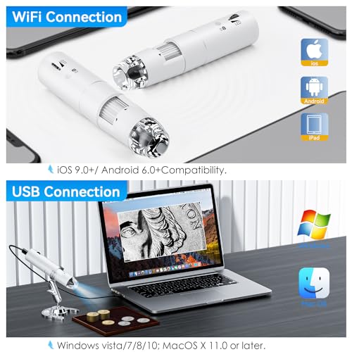 Wireless Digital Microscope, Skybasic 50X-1000X Magnification WiFi Pocket Handheld Microscopes with Stand HD USB Microscope Camera Compatible with iPhone Android iPad Windows Mac Computer (White) - color: White