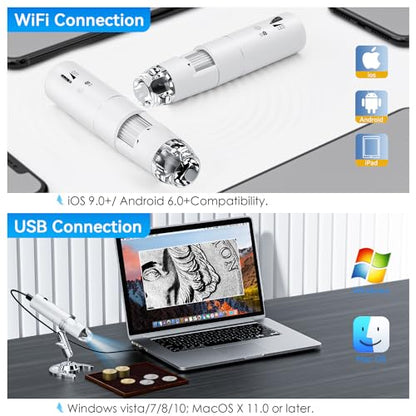 Wireless Digital Microscope, Skybasic 50X-1000X Magnification WiFi Pocket Handheld Microscopes with Stand HD USB Microscope Camera Compatible with iPhone Android iPad Windows Mac Computer (White) - color: White