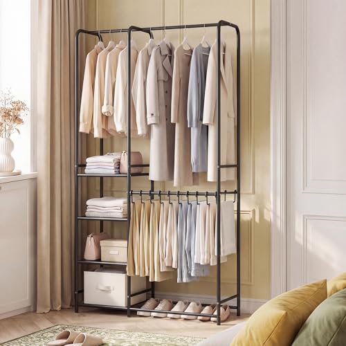 GIANTEX Clothes Rack with Pants Hangers, Heavy-Duty Metal Clothing Rack with 2 Hanging Rods & 4 Storage Shelves, Freestanding Garment Racks, Closet Organizer for Bedroom, Cloakroom (Black) - color: Black