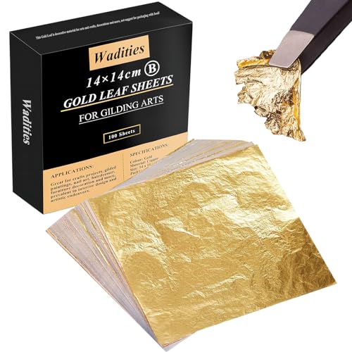 Wadities 100pcs Imitation Gold Leaf Sheets, 14 x 14 cm Gold Foil Multipurpose Gold Leaf for Nail, Art & DIY Project, Picture Frame, Home Wall, Interior and Multi Artistic Decoration - color: GOLD