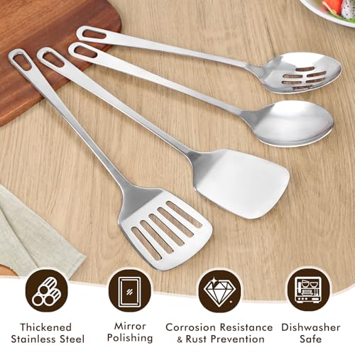 4 Pcs Cooking Utensils Set, Stainless Steel Kitchen Utensils, Heat Resistant Metal Kitchen Tools Include Slotted Turner Wok Spatula, Solid & Slotted Serving Spoon, Ladle, Easy to Clean, Silver - color: F. 4 Pieces