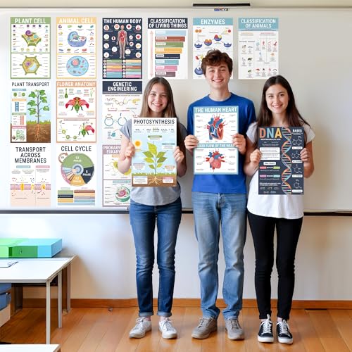 BrightenKidz Biology Posters for Classroom, 15 Pack 11x17 Science Charts - color: Biology Posters