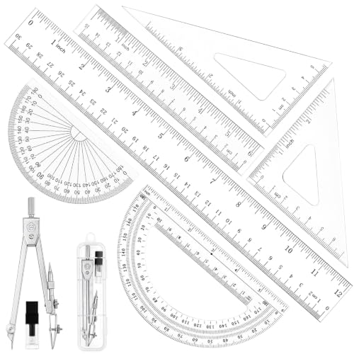 Coopay 7 Pcs Geometry Set, Clear Acrylic Ruler, Protractor and Compasses - size: 7 Pcs set