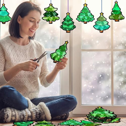 Eersida 32 Pcs Christmas Tree Suncatchers Craft Kit Set DIY Xmas Tree Art - style: Christmas Tree Style