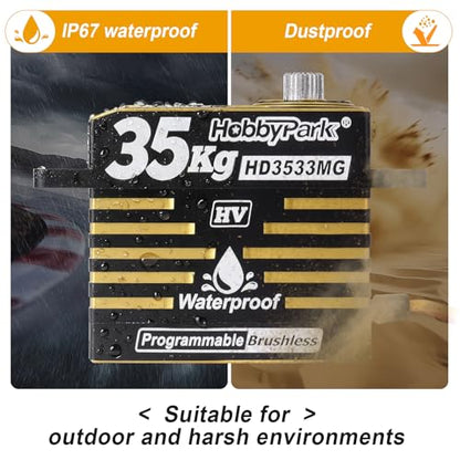 HobbyPark Waterproof RC Servo High Torque Brushless Motor Metal Gear Digital Servo Aluminum Case for 1/8 1/10 RC Crawler SCX10 TRX4 RC Truck Car Buggy RC Basher Bashing 180° HV (35kg Torque)