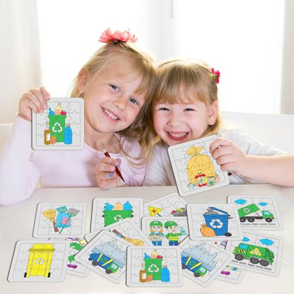 Cinrobiye 24PCS Garbage Truck Coloring Jigsaw Craft Kit for Kids, DIY Recycling Vehicle Activity Set Bulk with 12 Designs, Trash Day Birthday Party Favors, Classroom Learning Projects - color: Garbage