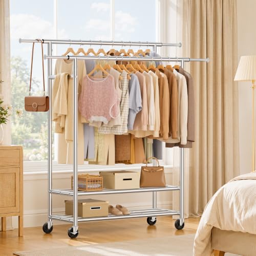 Heavy Duty Clothes Rack, Double Rod Garment Storage Organizer, Silver - color: Silver