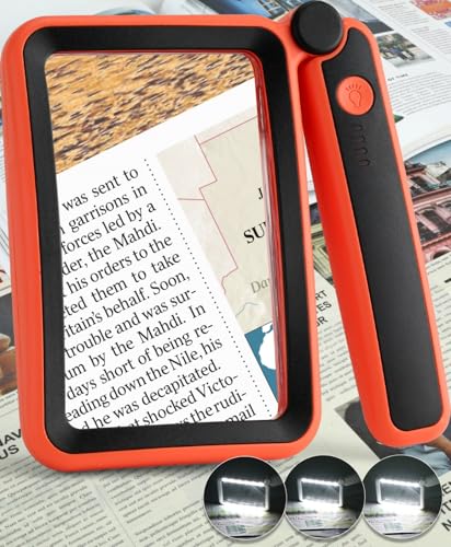 Magnifying Glass for Reading, Rechargeable 5X Large Page Magnifier with Light, Folding Handheld Dimmable Rectangle Lighted Magnifier for Reading Book Small Print for Seniors Low Vision, Orange-Black - color: Orange Black