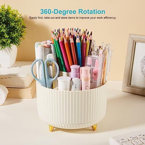 Desk Pencil Pen Holder, 5 Slots 360 Degree Rotating Pencil Pen Organizers for Desk Desktop Storage Stationery Supplies Organizer Cute Pen Cup for Office School Home Art Supply Cream Yellow - color: Cream Yellow