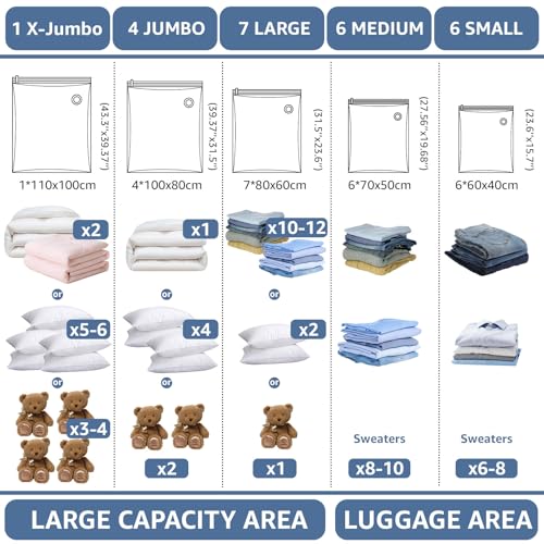 BoxLegend Vacuum Storage Bags with Large Hand Pump 24 Combo (1X-Jumbo, 4 Jumbo, 7 Large, 6 Medium, 6 Small) Thickened Vacuum Seal Bags for Clothing Blanket Pillow Comforters Bedding Quilt Coat - size: 24 Combo - Hand Pump