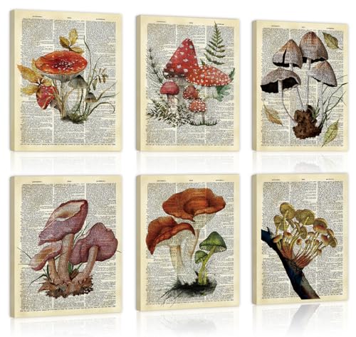 CHDITB Vintage Mushroom Canvas Wall Art, Antique Dictionary Page Fungi Print, Botanical Mushroom Wall Decor, Retro Mycology Framed Poster, Nature Inspired Artwork For Kitchen Living Room Decor 12”X16” - color: Mushroom, size: 12"L x 16"W