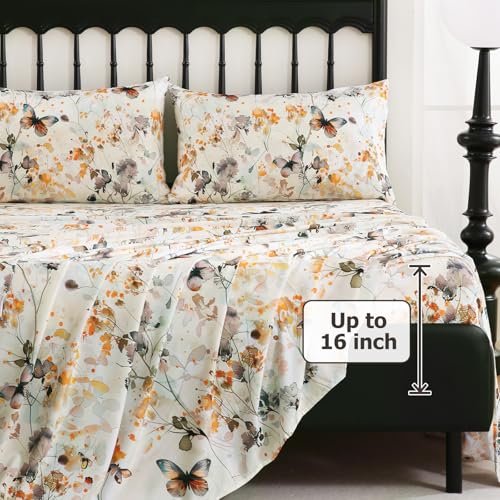 CozySmile Queen Size Printed Sheet Set Soft & Breathable Bedding Deep Pocket 16" Cooling Wrinkle Free Comforter Bed Set Botanical Pattern Sheets (Queen, Butterflies Dancing) - color: A-butterflies Dancing, size: Queen