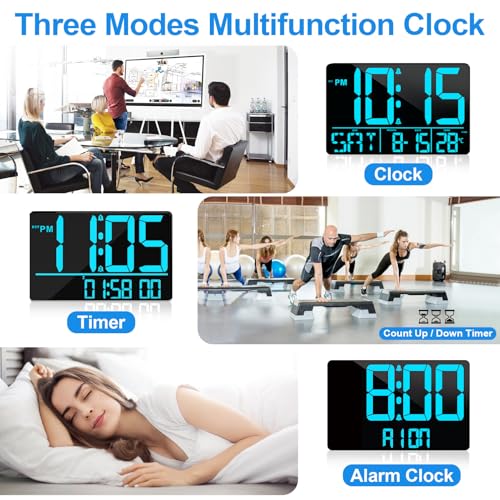 PERSUPER 13" Digital Wall Clock Large Display with Remote, Temp & Timer - style: Blue