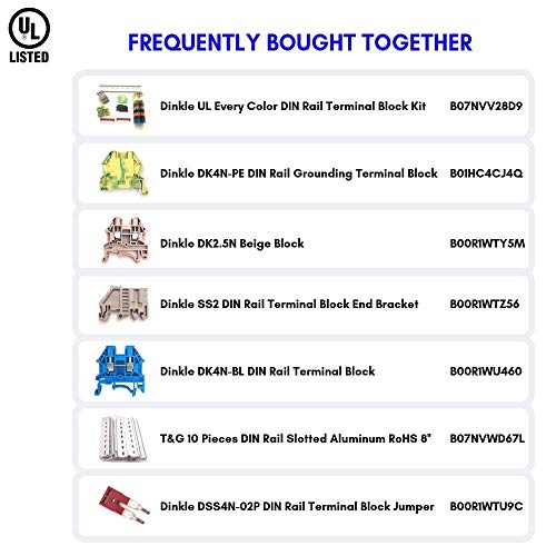DIN Rail Terminal Blocks Kit by International Connector 20 Dinkle DK2.5N DIN Terminal Block Connectors 12-22 AWG Gauge 20A 600V, Ground Blocks, Jumpers, End Covers, End Brackets on 8'' Aluminum Rail
