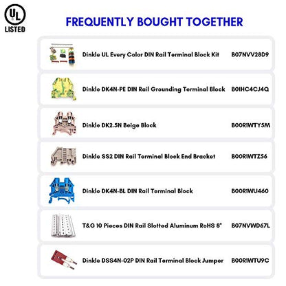 DIN Rail Terminal Blocks Kit by International Connector 20 Dinkle DK2.5N DIN Terminal Block Connectors 12-22 AWG Gauge 20A 600V, Ground Blocks, Jumpers, End Covers, End Brackets on 8'' Aluminum Rail