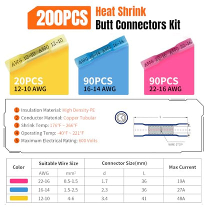 200PCS Heat Shrink Wire Butt Connectors Kit 22-10 Gauge Wire - color: 200pcs(22-10)