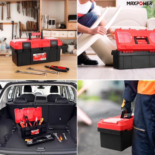 MAXPOWER Tool Box 16 inch, Plastic Small Tool Box with Latch Removable Tray - color: Red, size: 16"