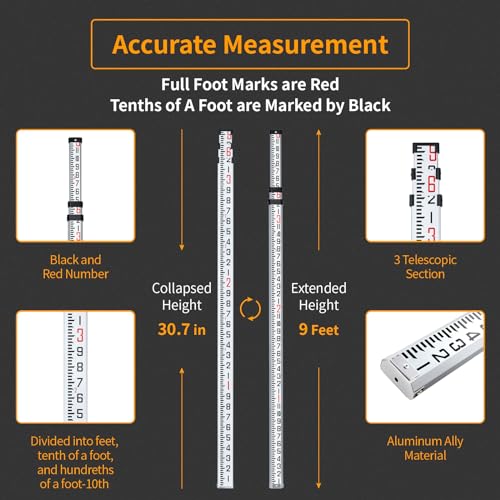 Firecore 9-Foot Aluminum Grade Rod – 10ths, Dual Sided 3-Section Telescopic Survey Rod - size: 9FT - 10ths