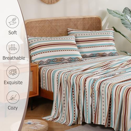 CozySmile 4 Pieces King Sheet Set Bohemian, Boho Sheets Soft Microfiber Deep Pocket, Western Sheets Geometric(King, Colorful Striped) - color: B-colorful Striped, size: King